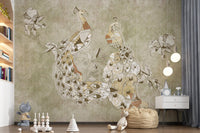 Ornate Vintage Bird wall mural with detailed peacock feathers and patterns