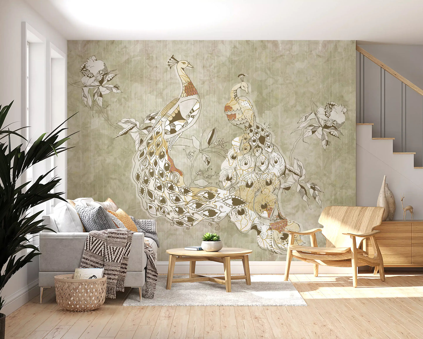 Hallway design using Ornate Vintage Bird wall mural in soft vintage tones