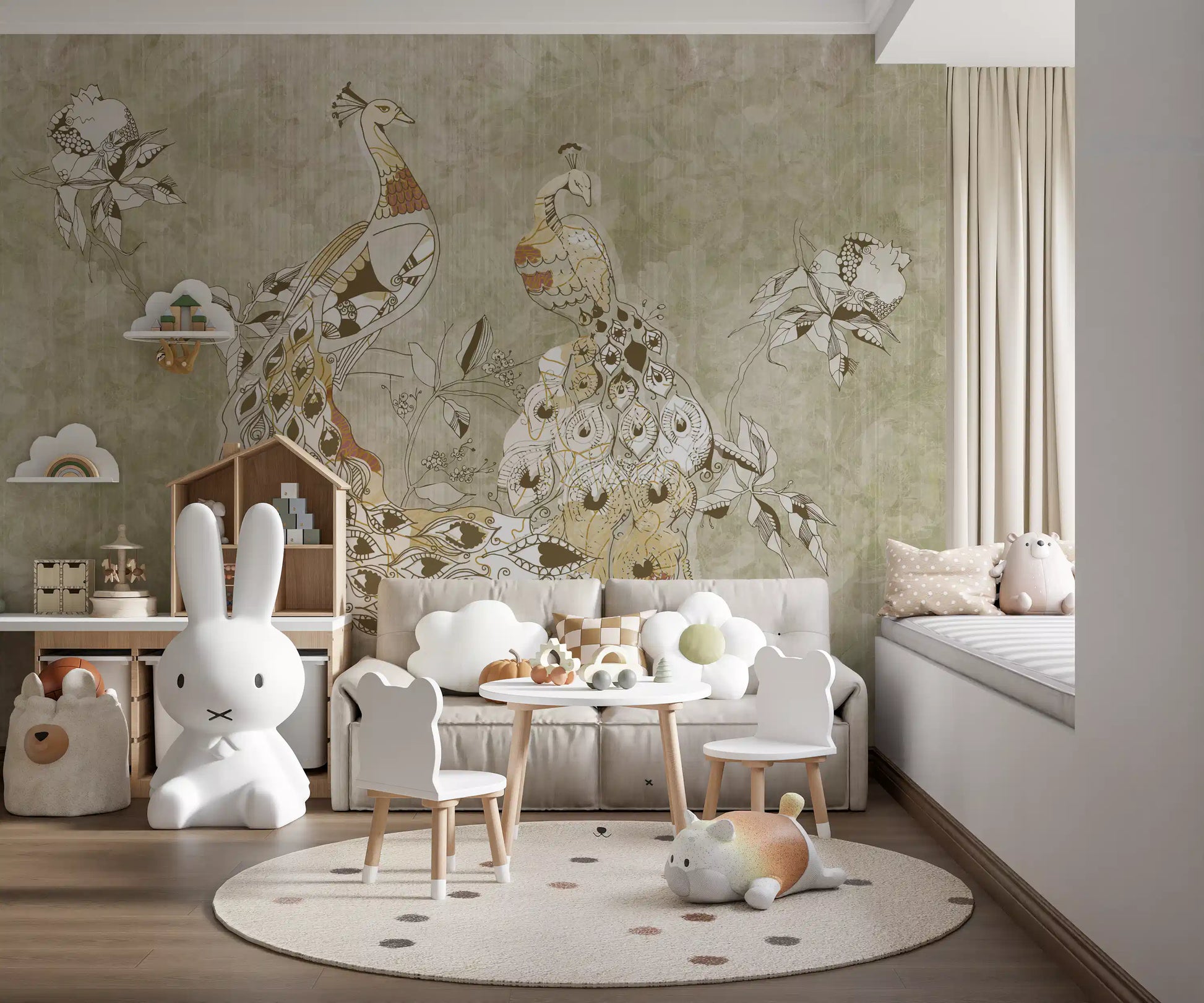 Kids room setup with Ornate Vintage Bird wall mural and bird artwork