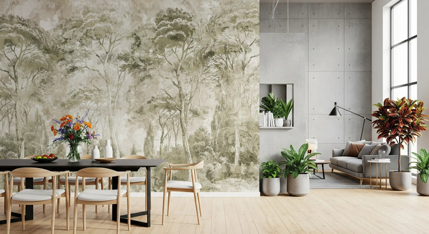 Forest scene wall mural featuring Sepia Pine Forest Landscape soft tones