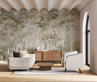 Living room styled with Sepia Pine Forest Landscape wall mural in beige tones
