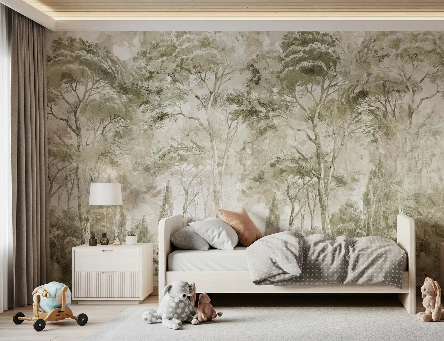 Sepia Pine Forest Landscape wall mural with layered pine tree silhouettes