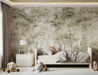 Sepia Pine Forest Landscape wall mural with layered pine tree silhouettes