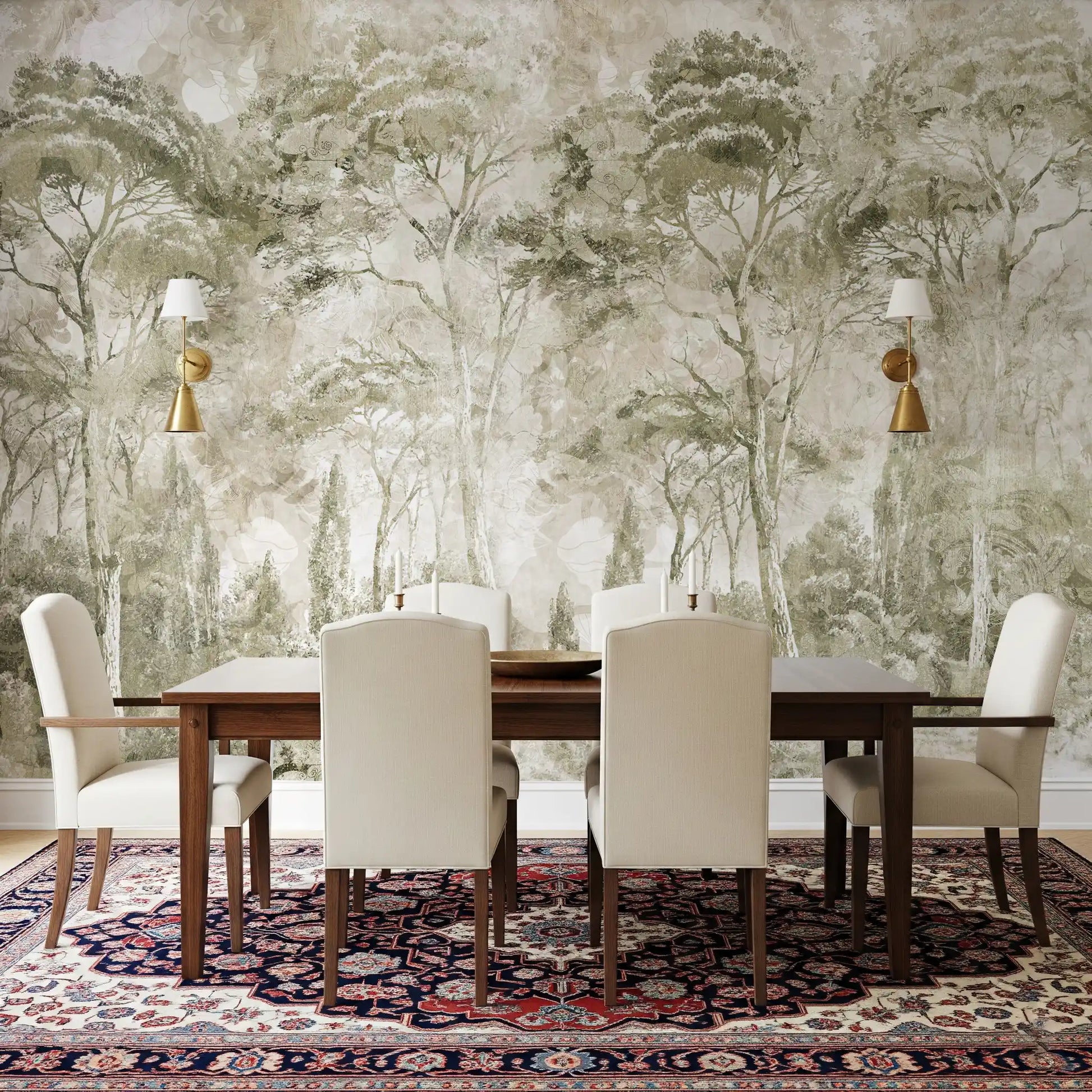 Dining room setup with Sepia Pine Forest Landscape wall mural and texture