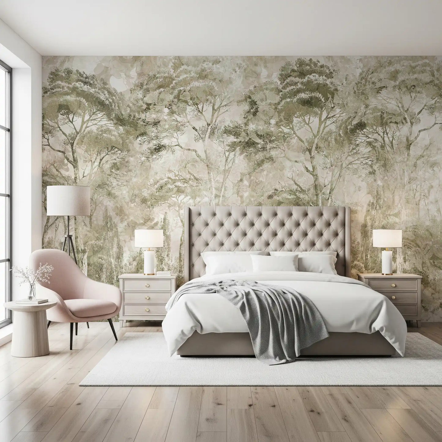 Nature forest wall mural with Sepia Pine Forest Landscape calm design