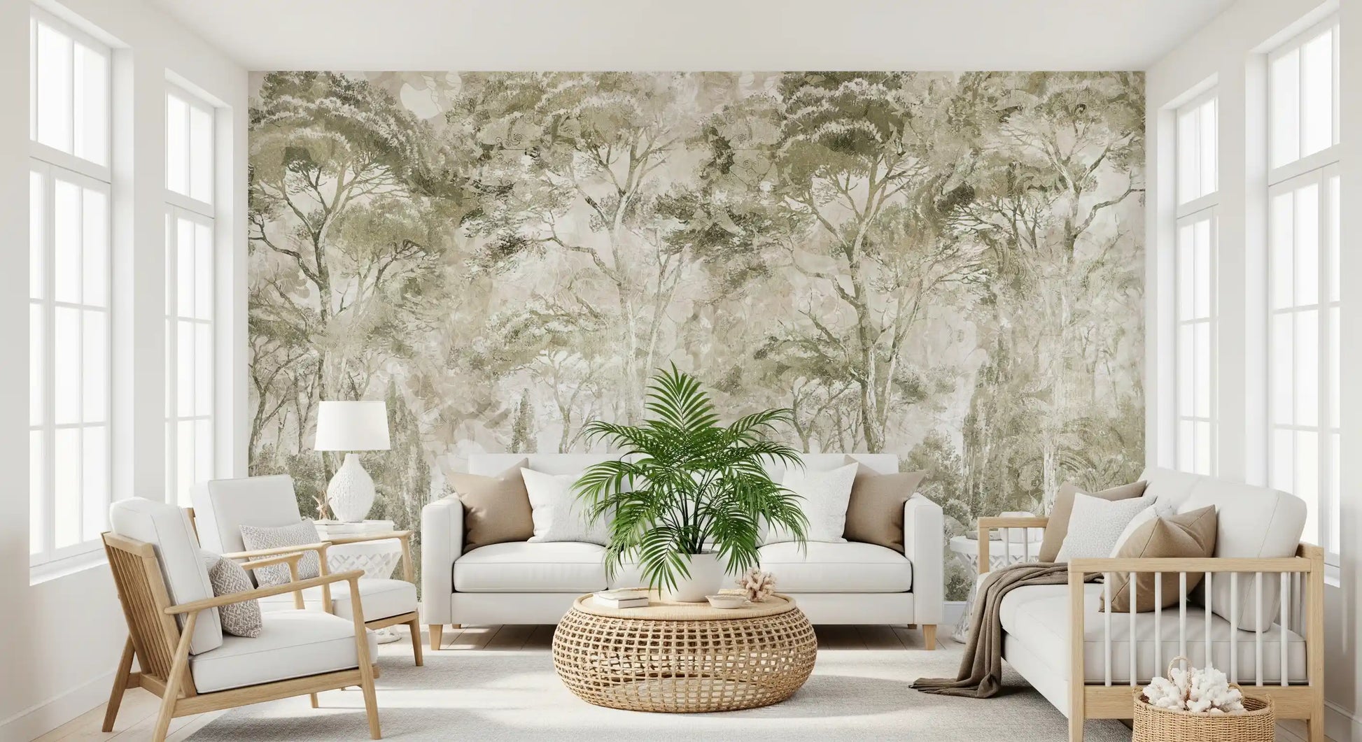 Sepia Pine Forest Landscape wall mural showing soft tree layering