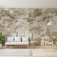 Antique Woodland Landscape wall mural with layered tree silhouettes