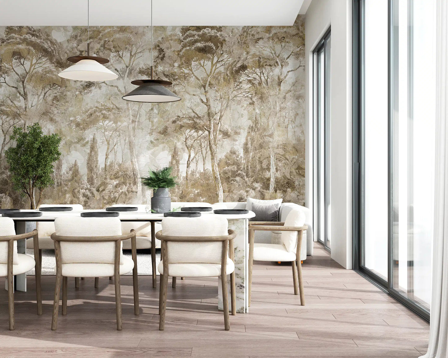 Subtle forest wall mural with Antique Woodland Landscape aged texture