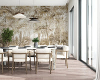 Subtle forest wall mural with Antique Woodland Landscape aged texture
