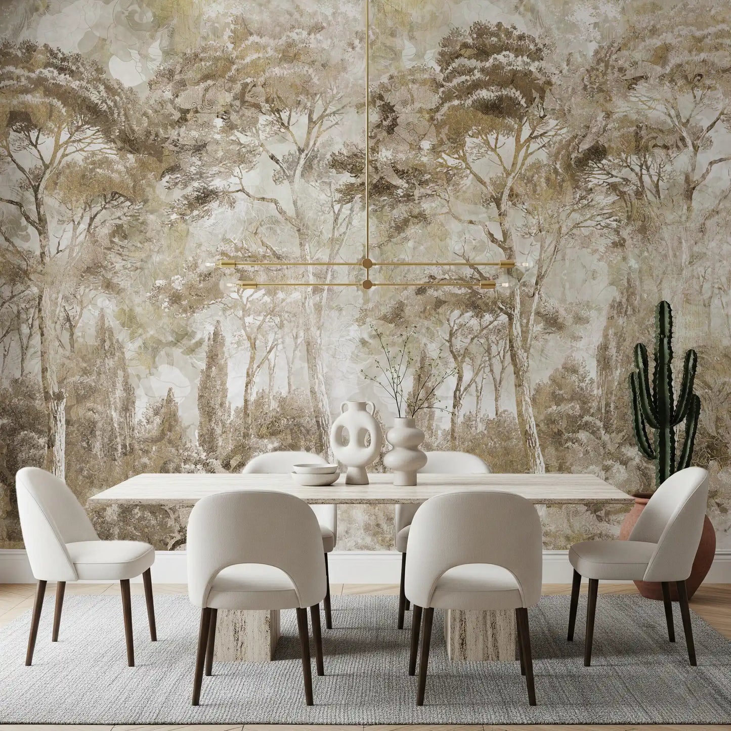 Dining area  design using Antique Woodland Landscape wall mural in forest hues