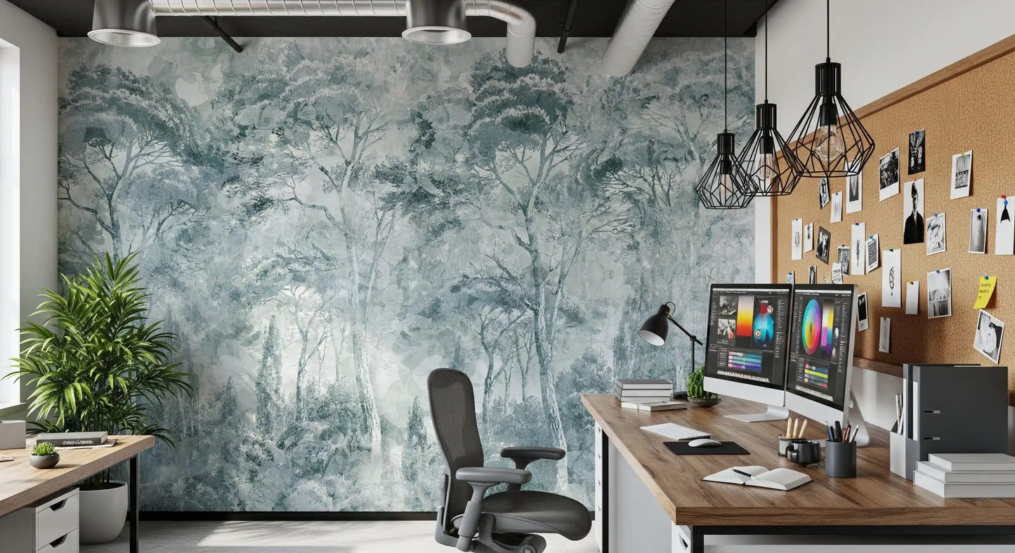 Office room setup with Misty Pine Forest Landscape wall mural and texture