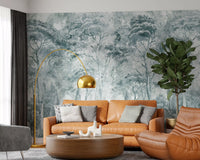 Misty Pine Forest Landscape wall mural with layered pine tree silhouettes