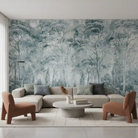 Misty Pine Forest Landscape wall mural with muted green tree patterns