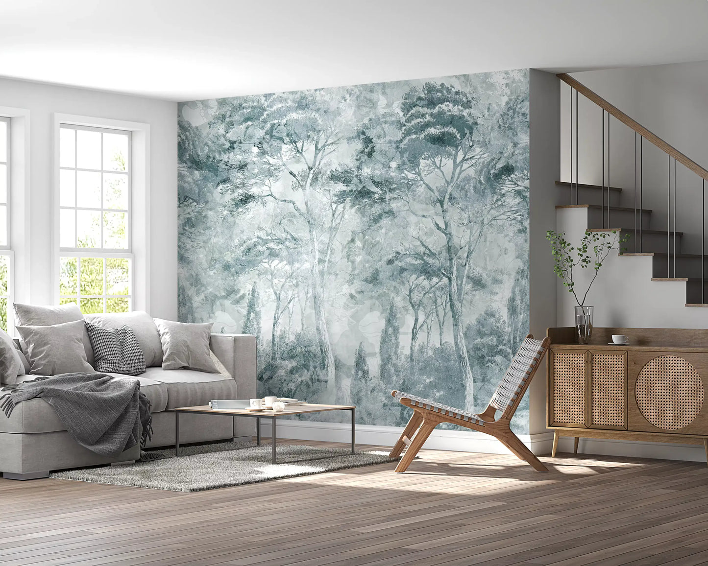 Living room styled with Misty Pine Forest Landscape wall mural in soft tones