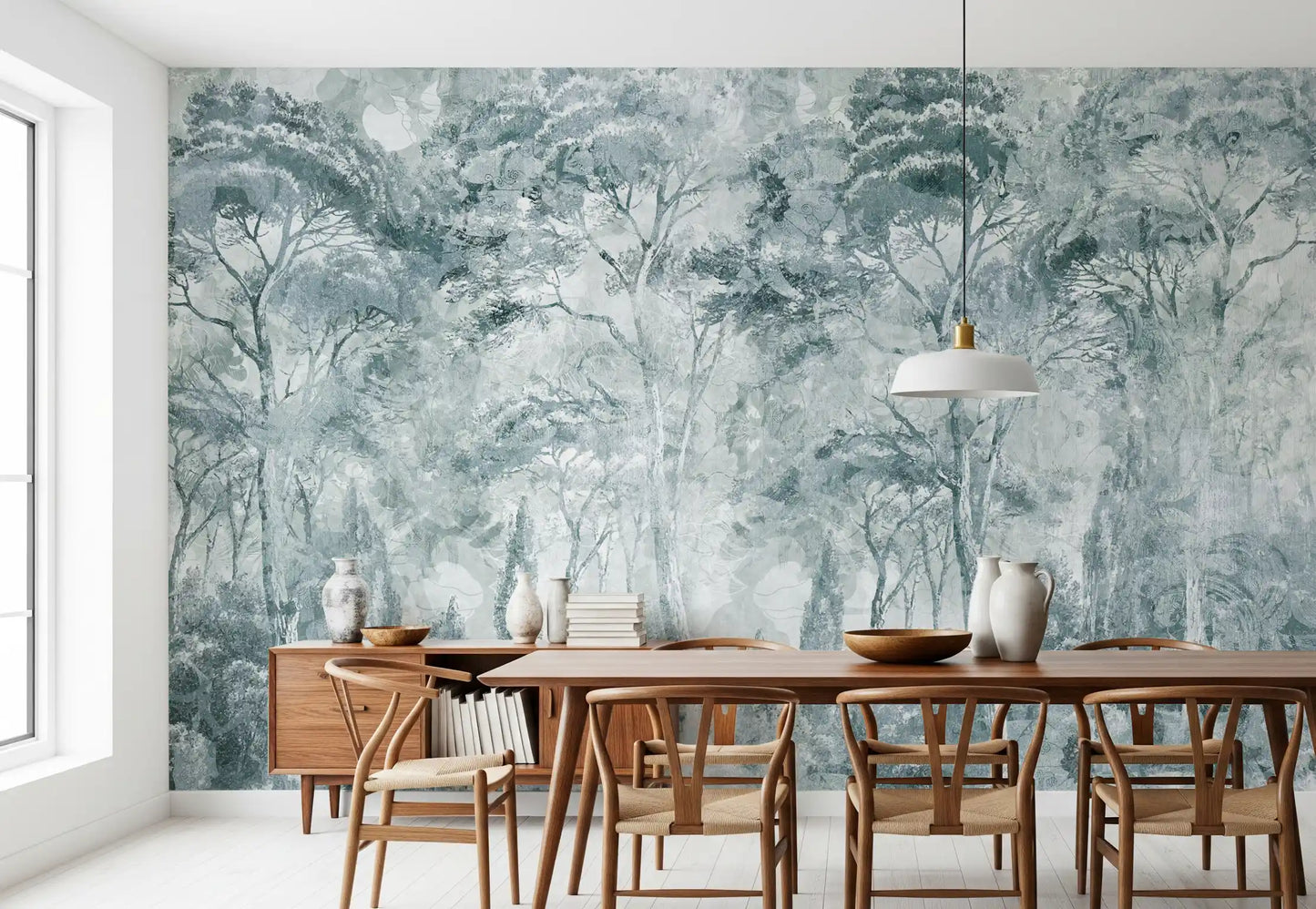 Subtle forest wall mural with Misty Pine Forest Landscape soft tones