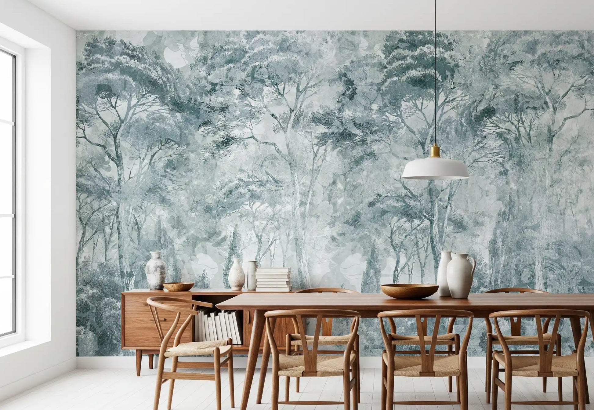 Subtle forest wall mural with Misty Pine Forest Landscape soft tones
