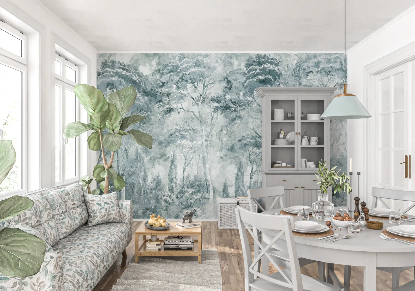 Hallway design using Misty Pine Forest Landscape wall mural in misty greens