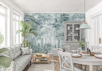 Hallway design using Misty Pine Forest Landscape wall mural in misty greens