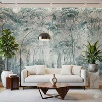 Misty Pine Forest Landscape wall mural showing dense tree layering