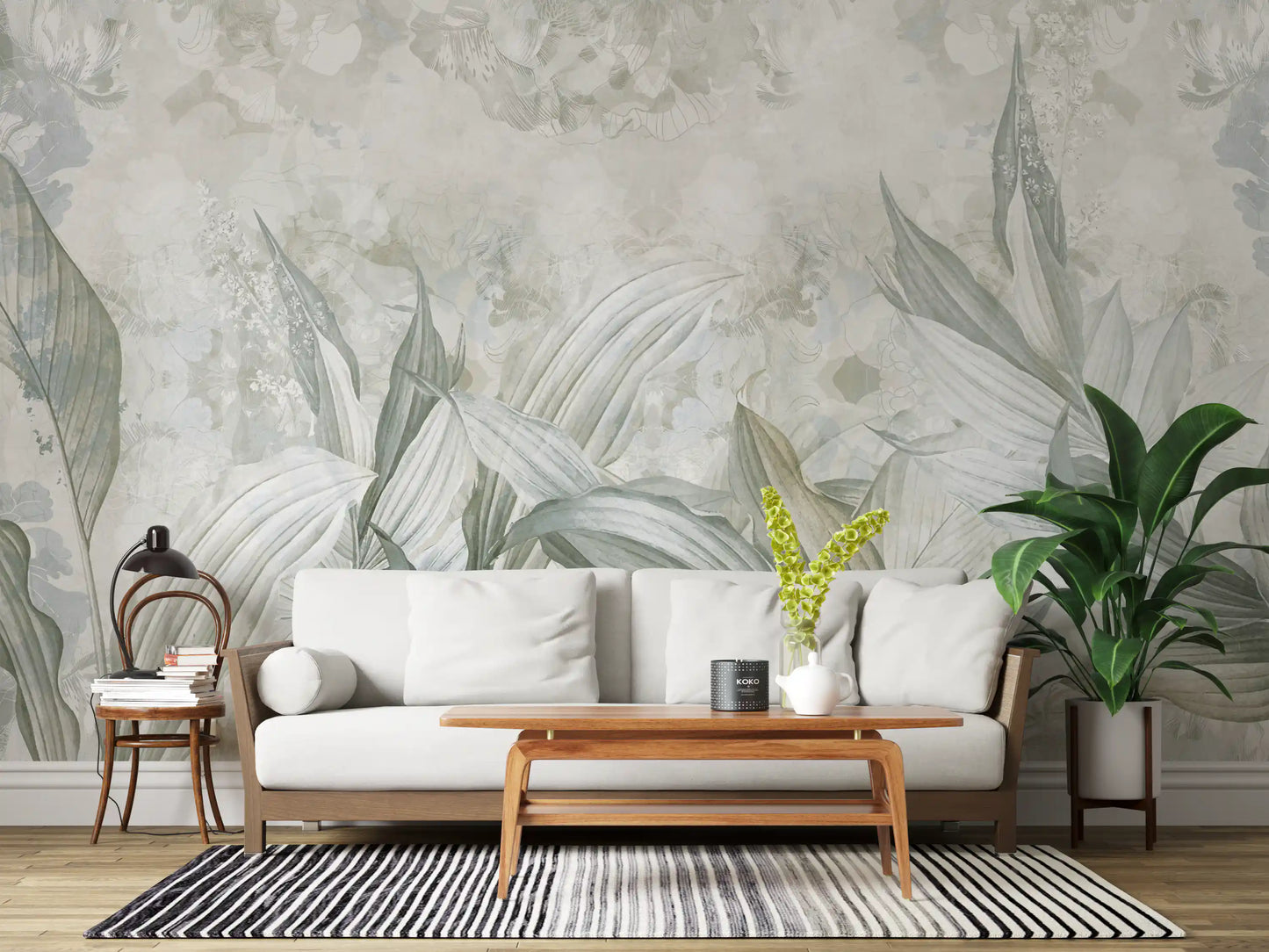 Hallway design using Soft Neutral Botanical wall mural in muted palette