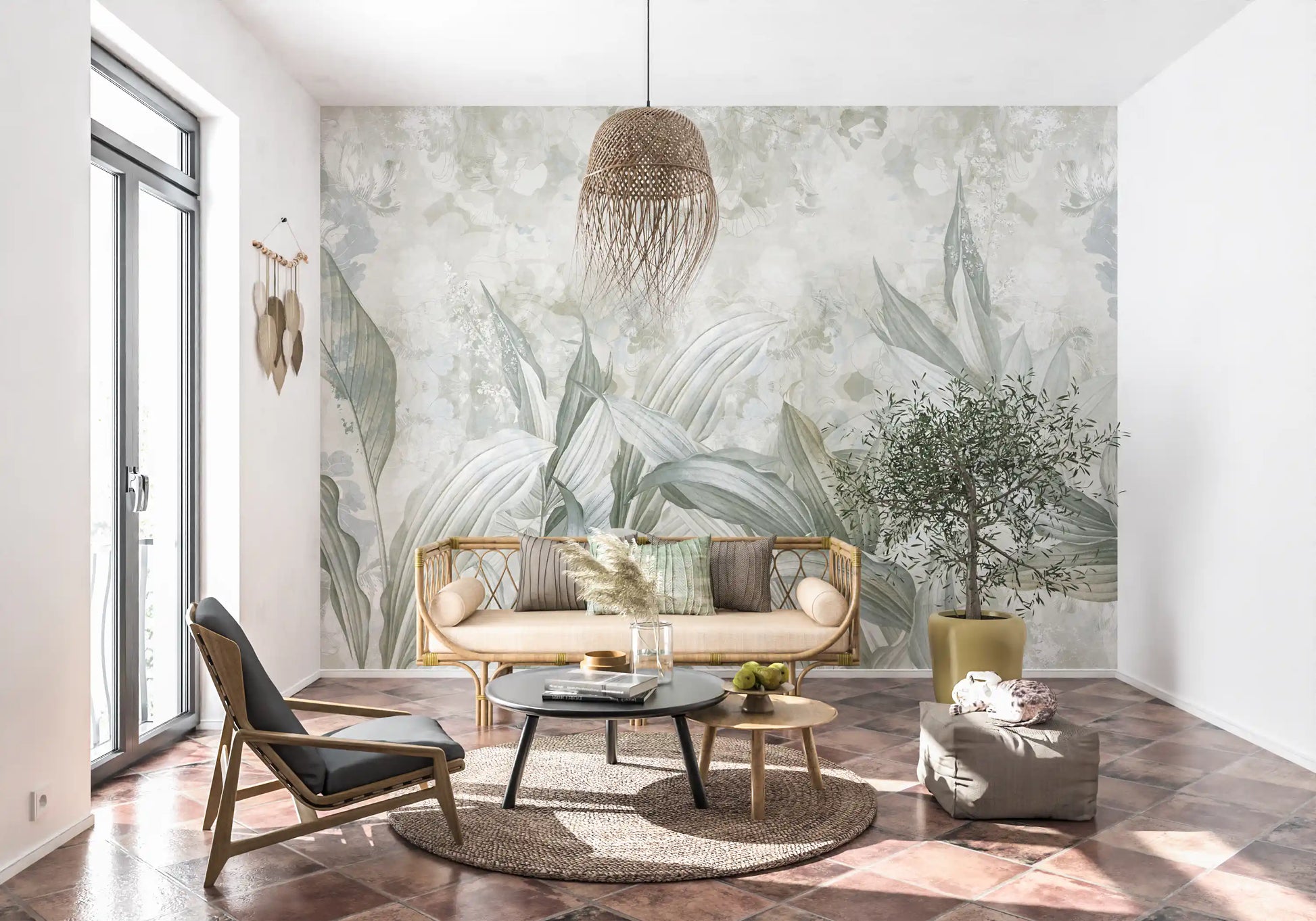 Neutral tone wall mural with Soft Neutral Botanical botanical details
