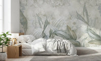 Bedroom wall featuring Soft Neutral Botanical wall mural with leaf pattern