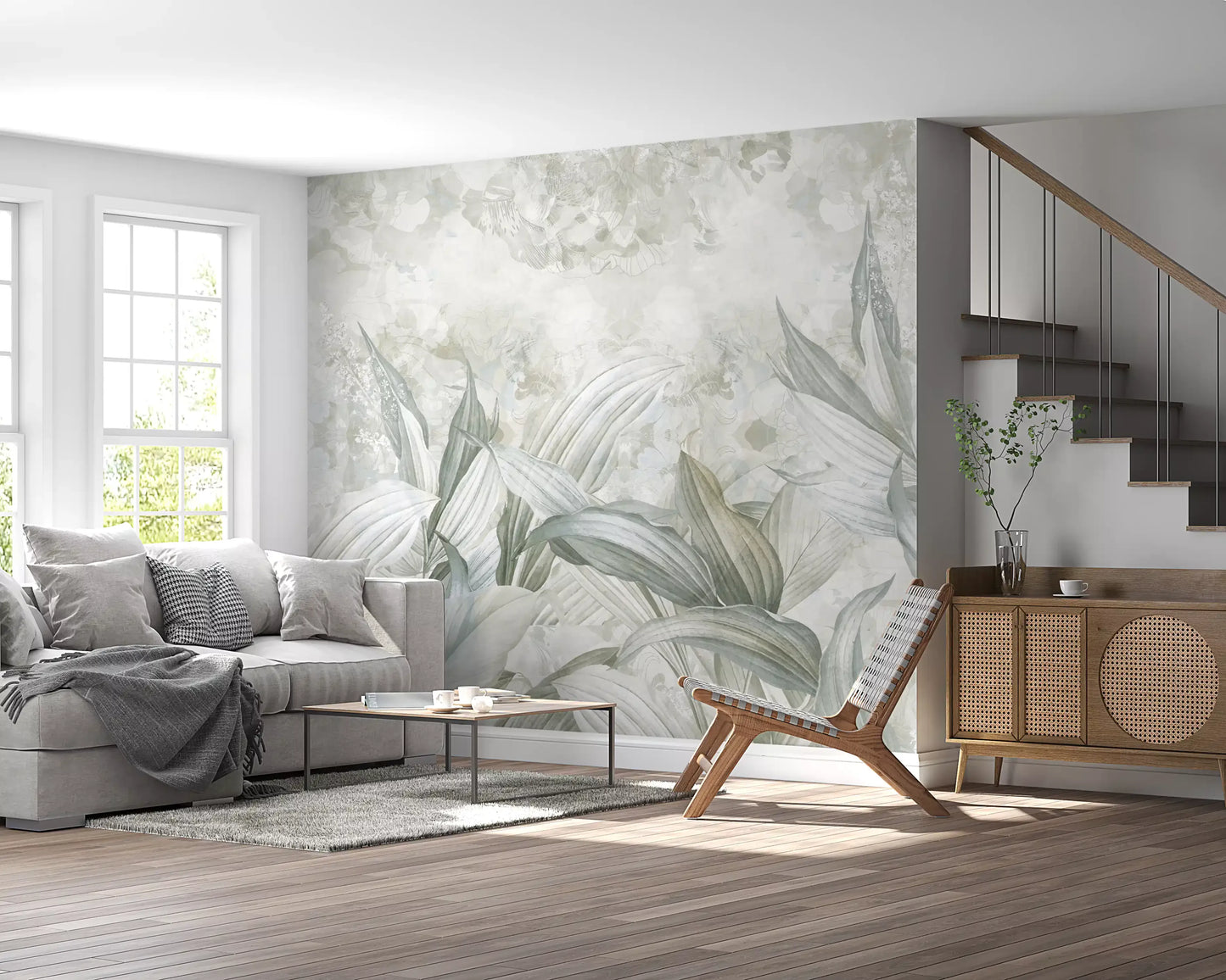 Soft Neutral Botanical wall mural with layered beige and green foliage