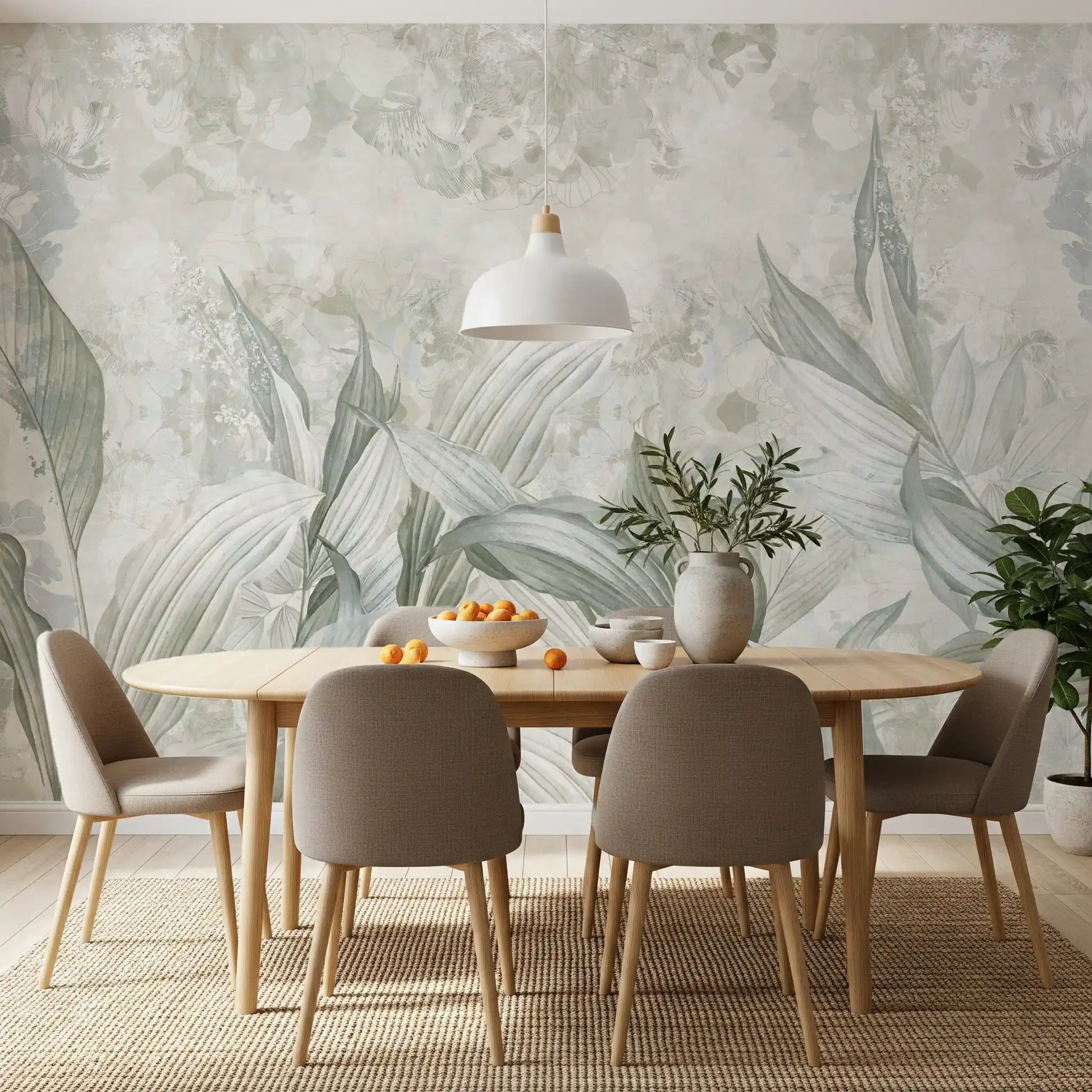 Dining room setup with Soft Neutral Botanical wall mural and soft texture