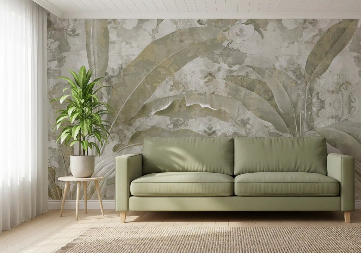 Sage Green Tropical Leaves Wall Mural – Calm Nature Style