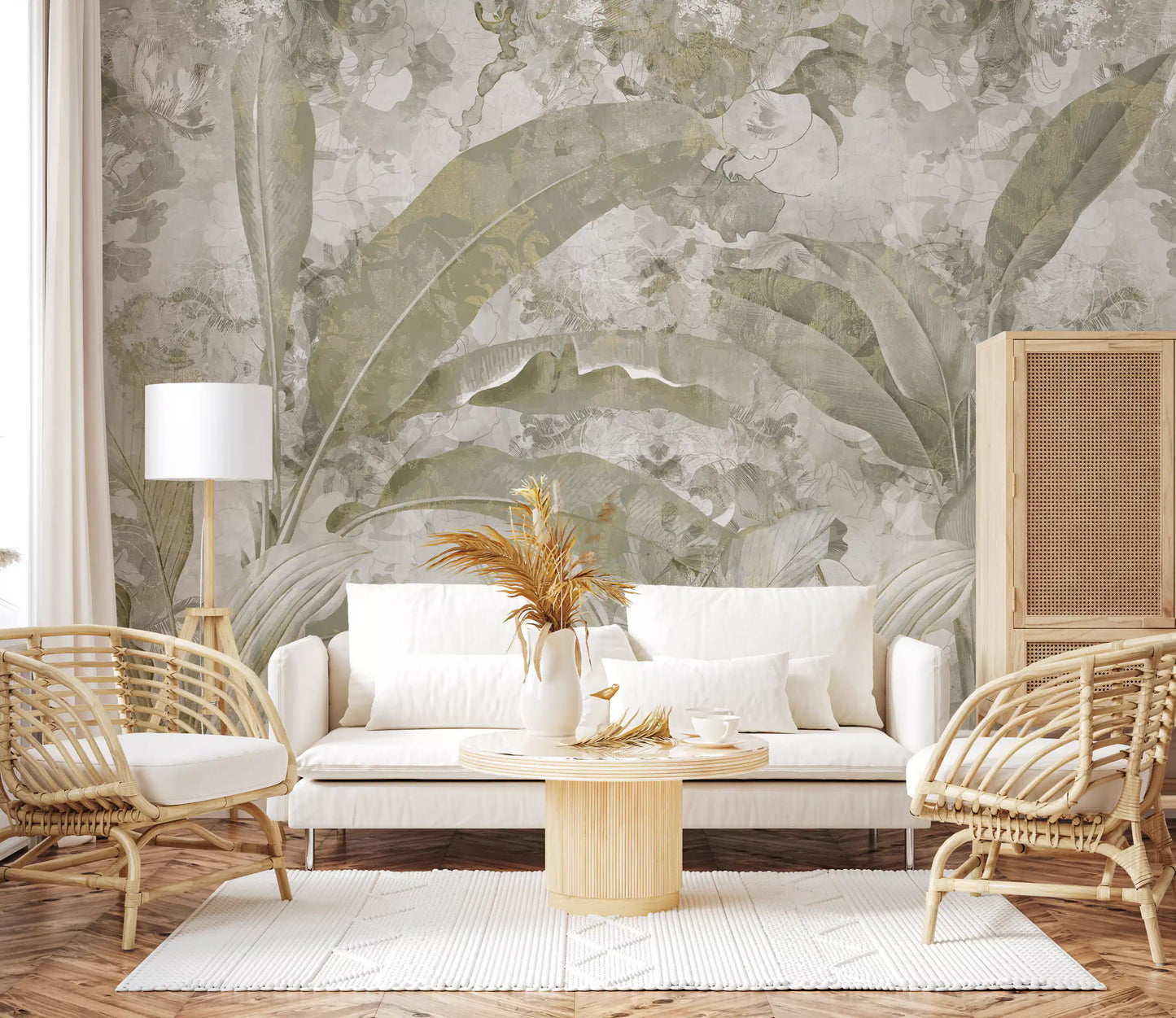 Nature-inspired wall mural with Sage Green Tropical Leaves calm tones