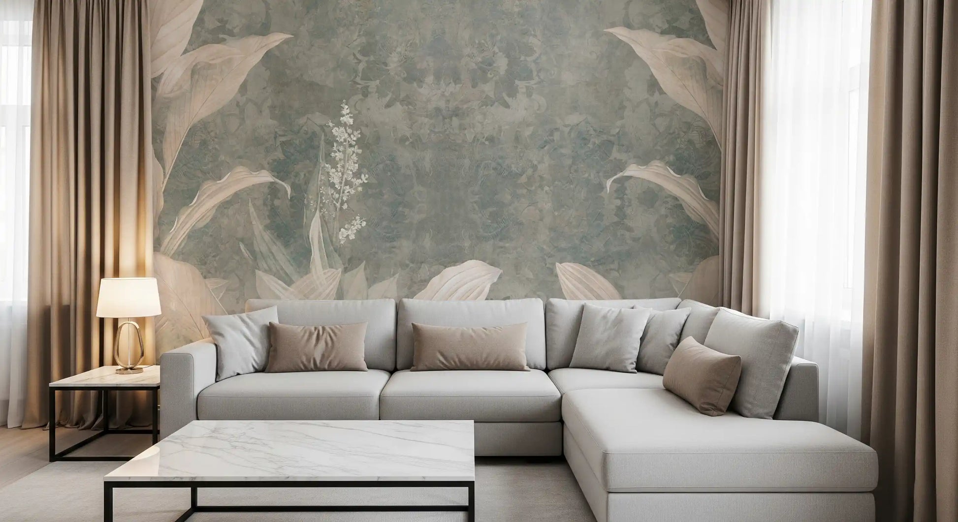 Living room styled with Misty Forest Landscape wall mural in soft green tones