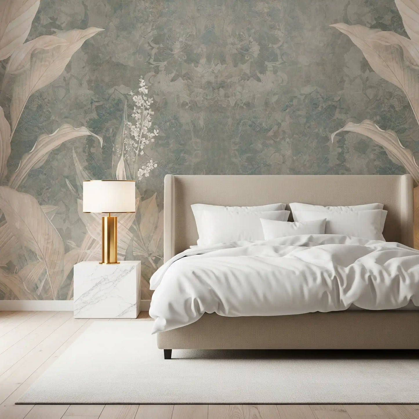 Bedroom wall featuring Misty Forest Landscape wall mural with botanical detail