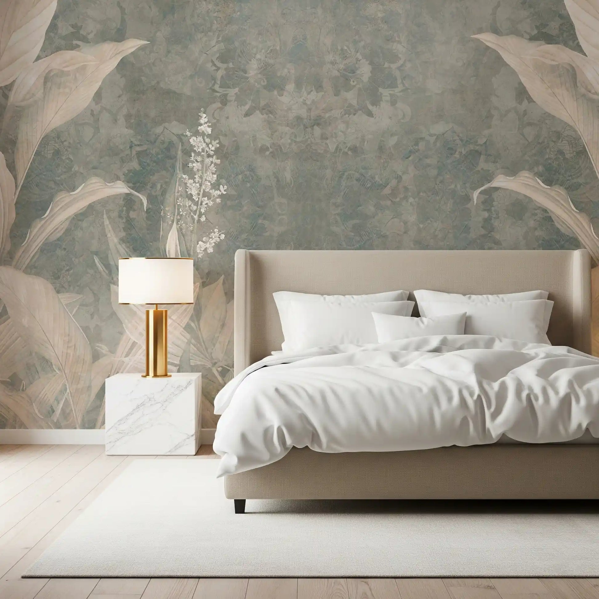 Bedroom wall featuring Misty Forest Landscape wall mural with botanical detail