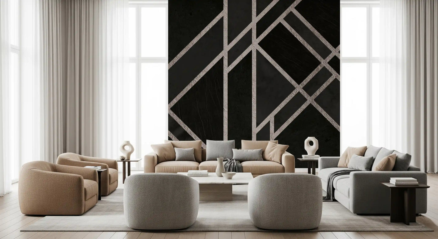 Living room styled with Luxe Black Art Deco wall mural and geometric lines