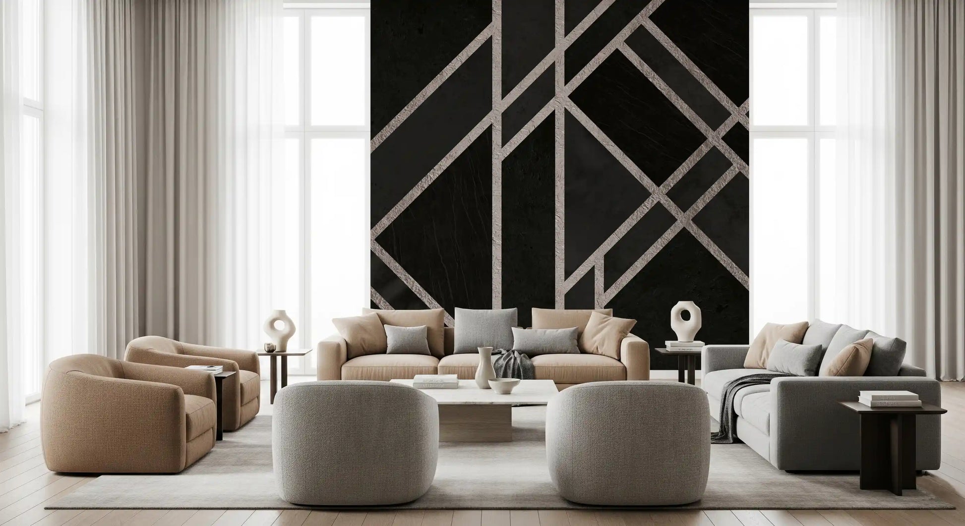 Living room styled with Luxe Black Art Deco wall mural and geometric lines