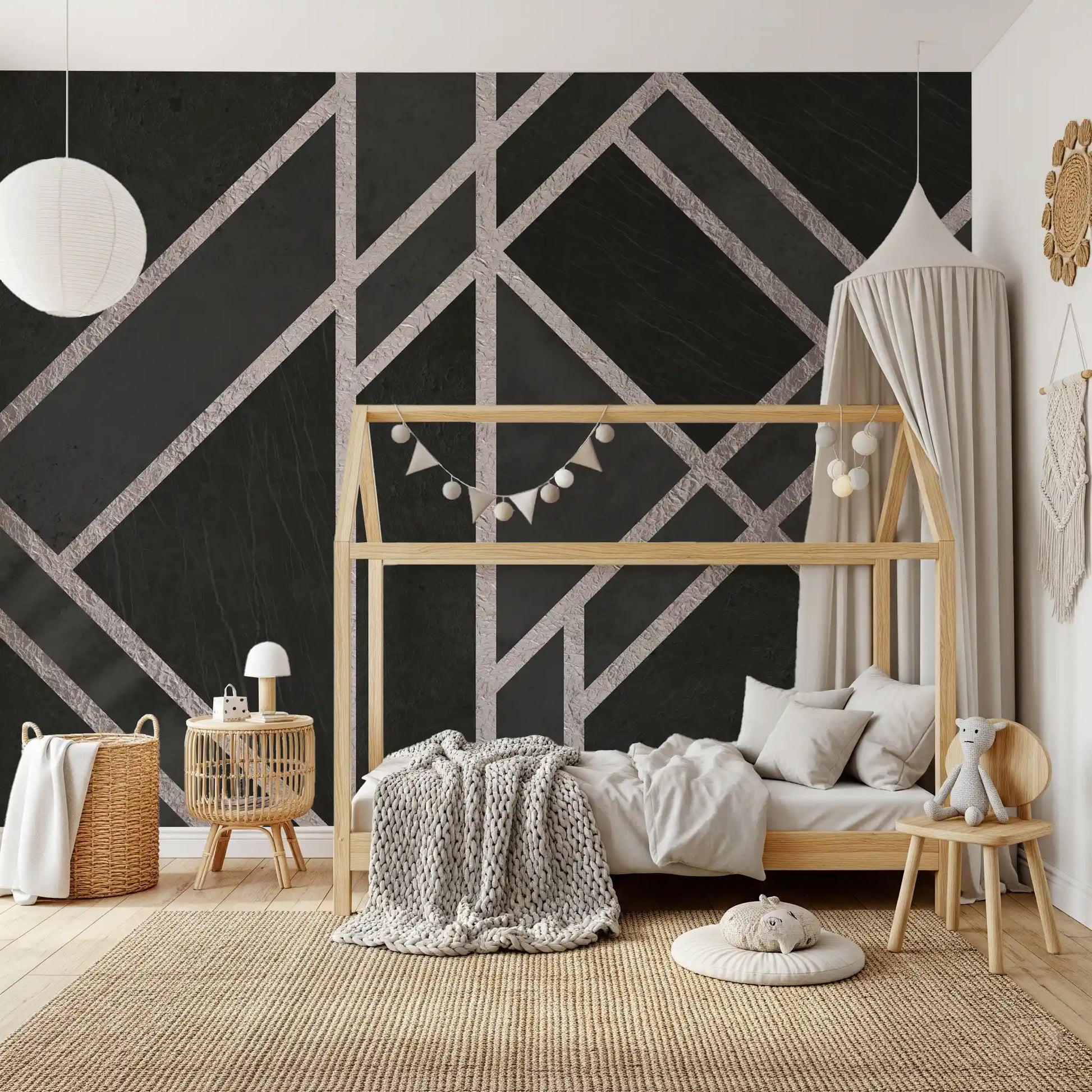 Luxe Black Art Deco wall mural with intersecting geometric line design