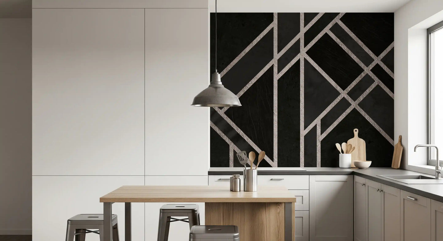 Modern black wall mural with Luxe Black Art Deco angular composition