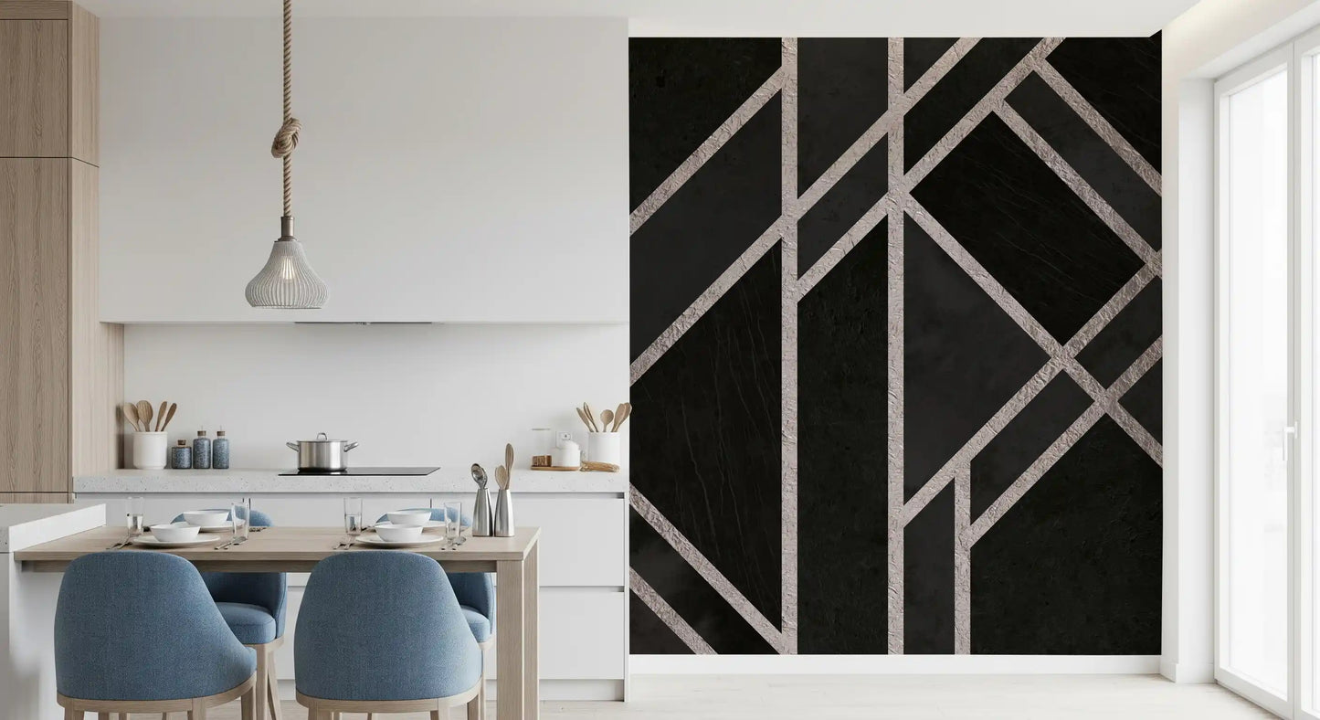 Dark geometric wall mural featuring Luxe Black Art Deco linear pattern