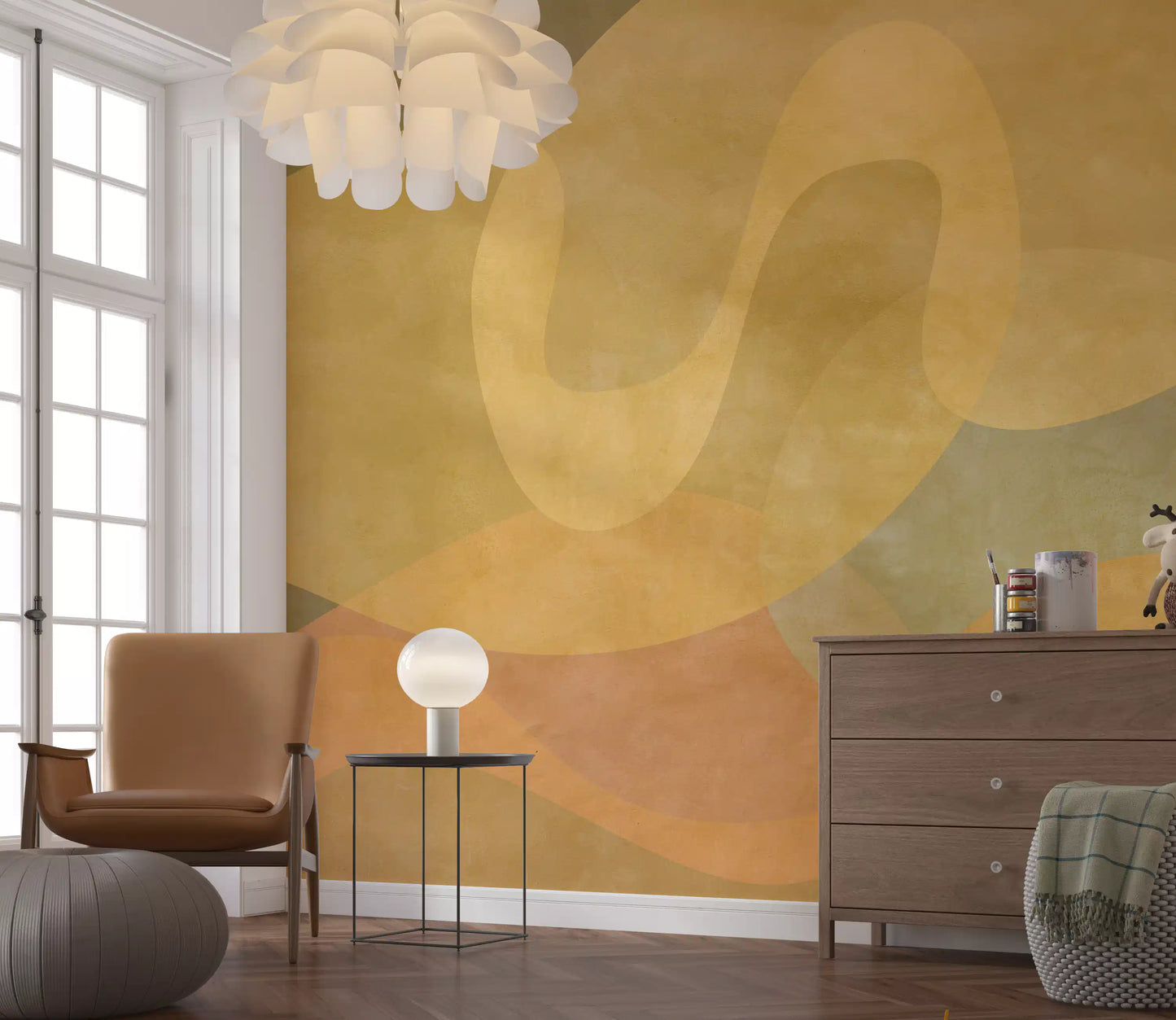 Abstract mural featuring Golden Ochre Organic Flow layered warm tones