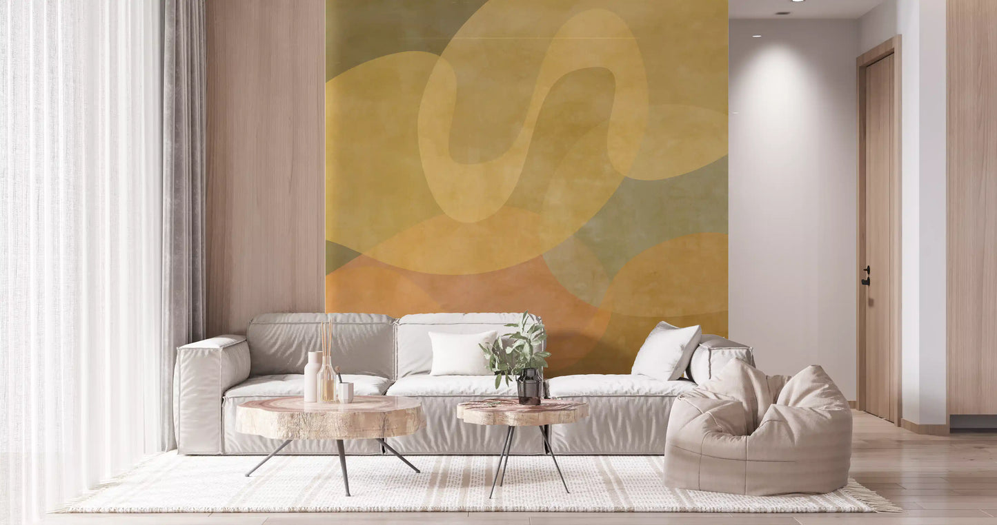 Living room styled with Golden Ochre Organic Flow wall mural warm tones