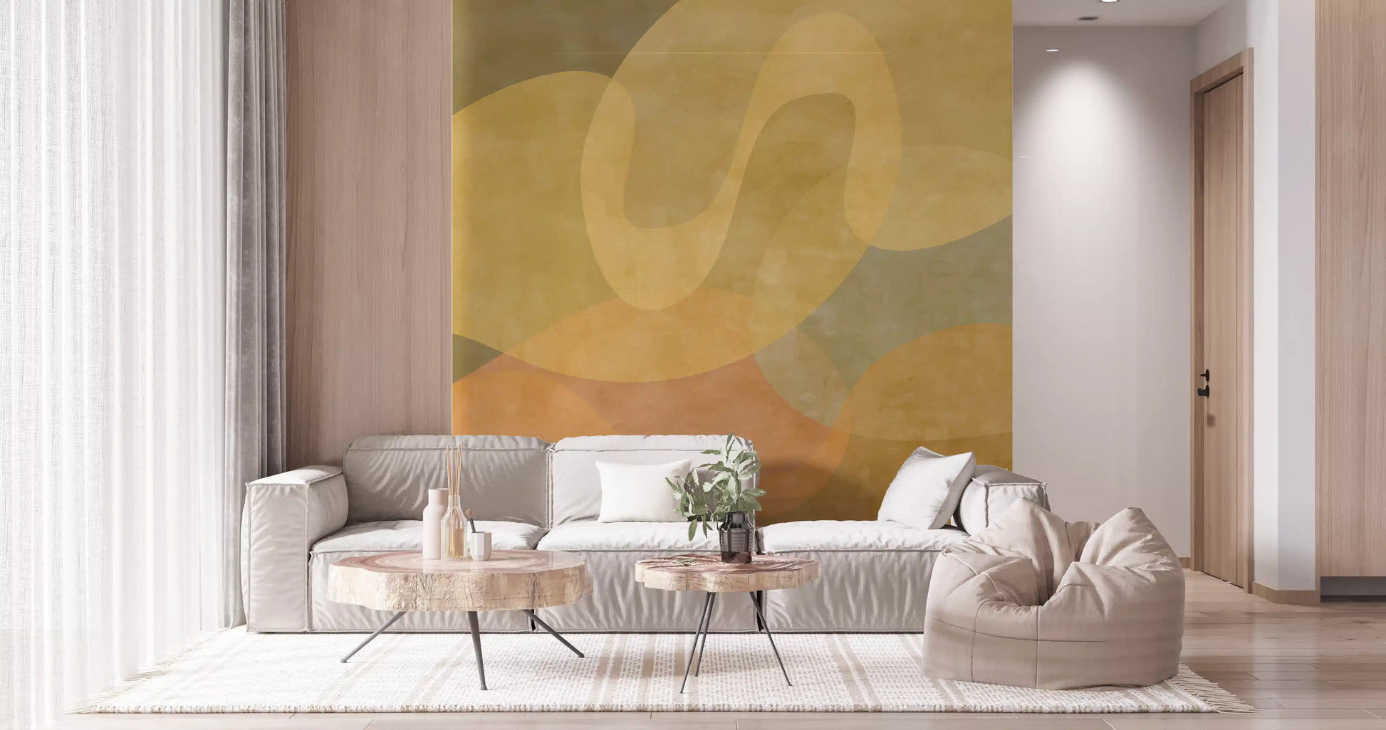 Living room styled with Golden Ochre Organic Flow wall mural warm tones