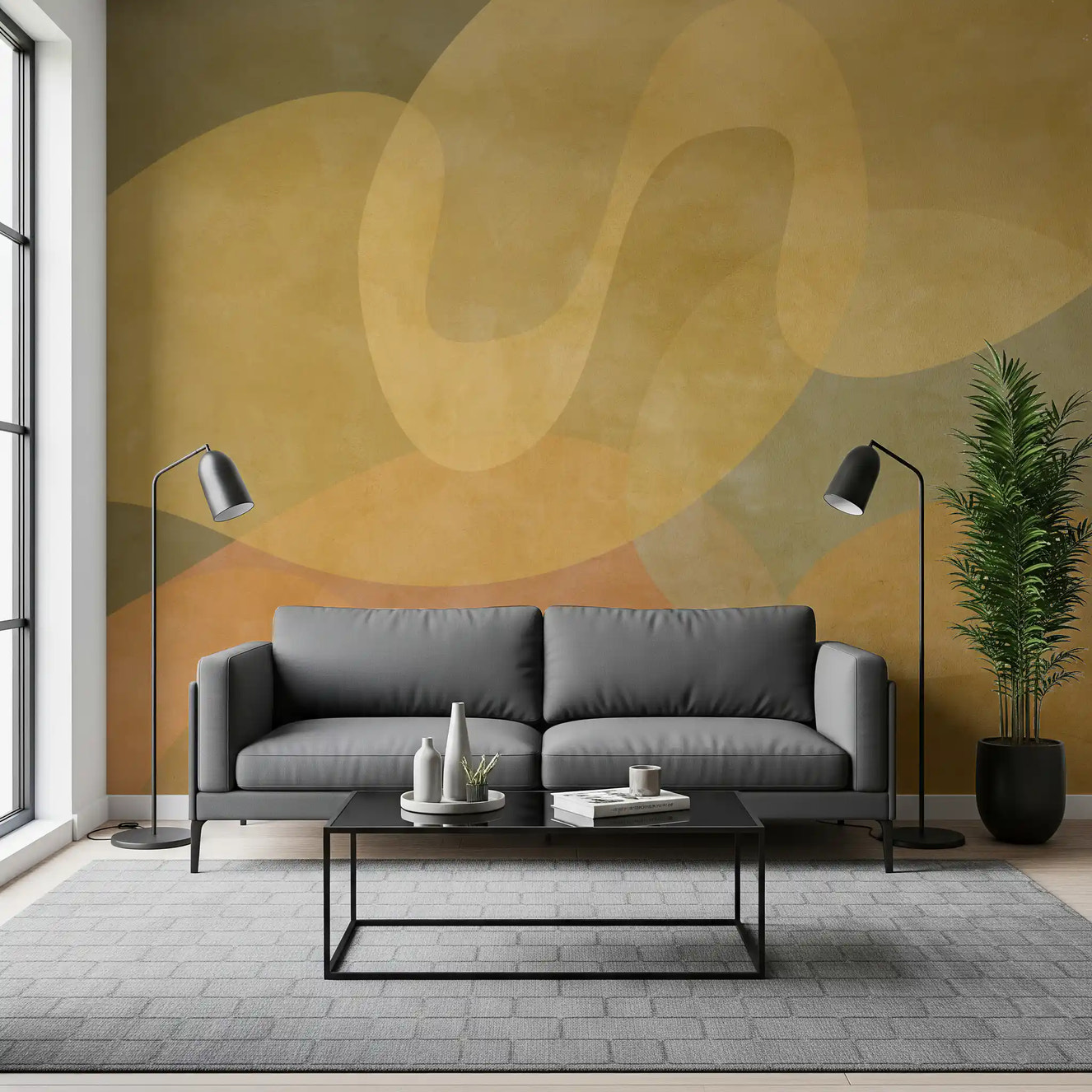 Golden Ochre Organic Flow wall mural with smooth abstract curved forms