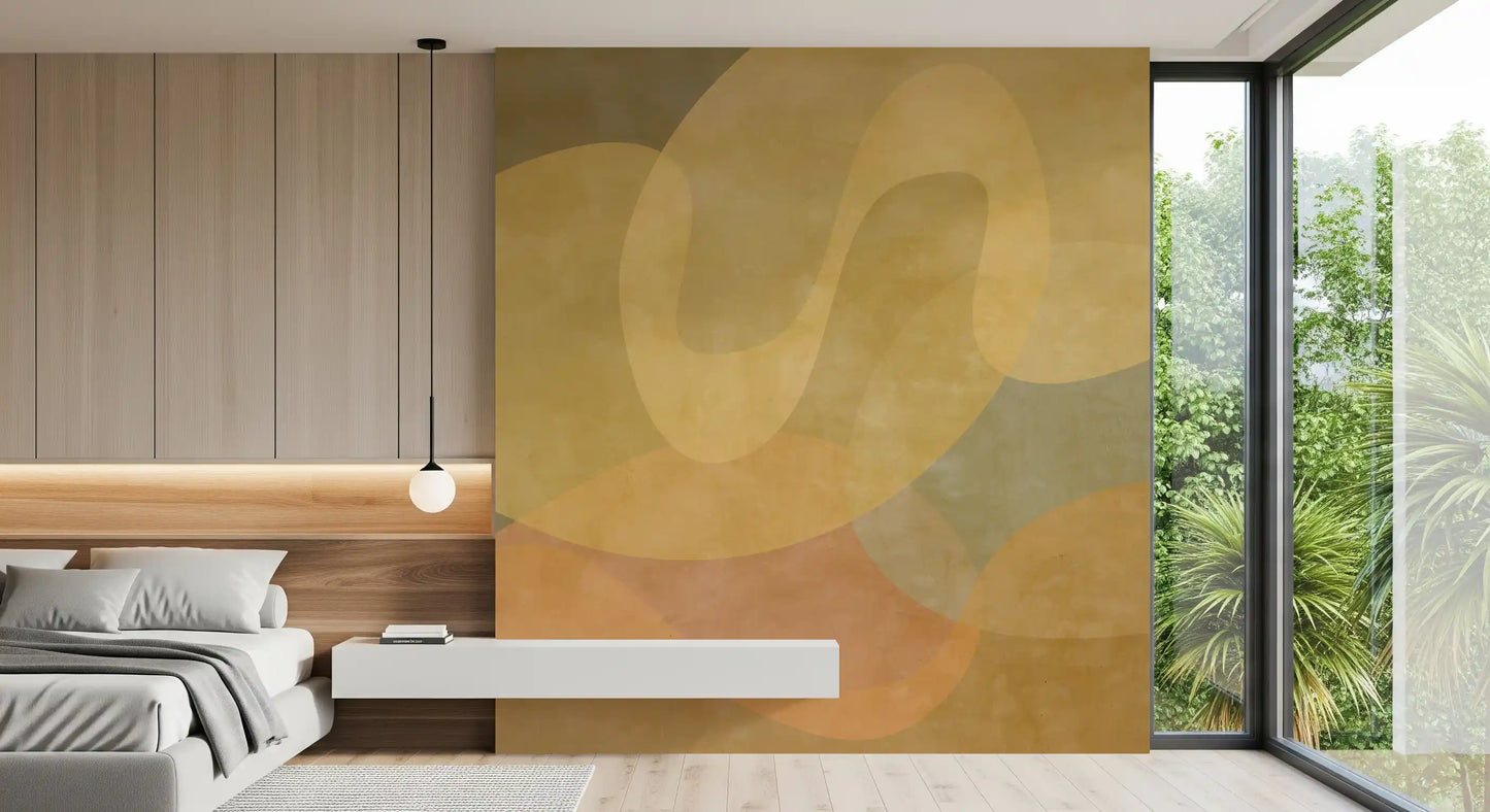 Modern room styled in Golden Ochre Organic Flow wall mural neutral design