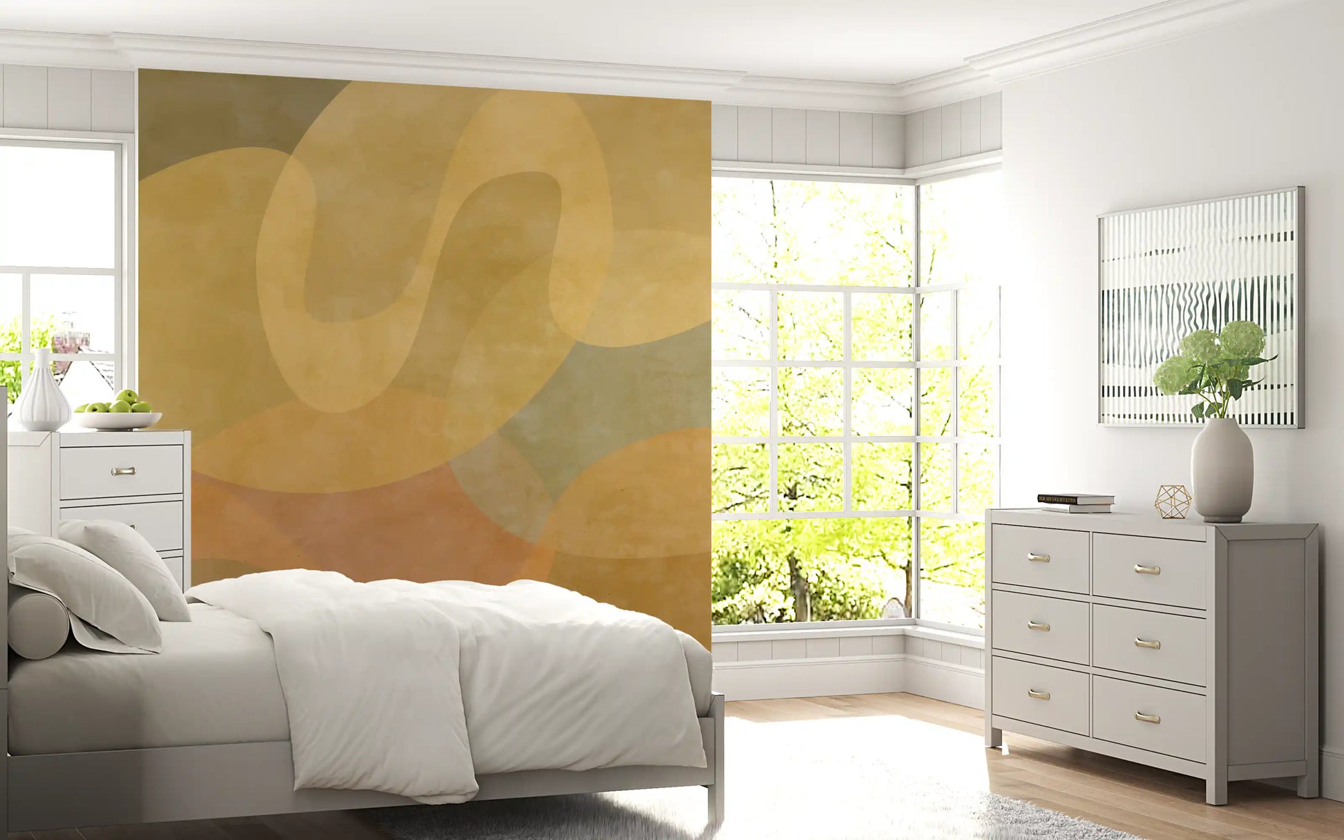 Neutral abstract wallpaper showing Golden Ochre Organic Flow pattern