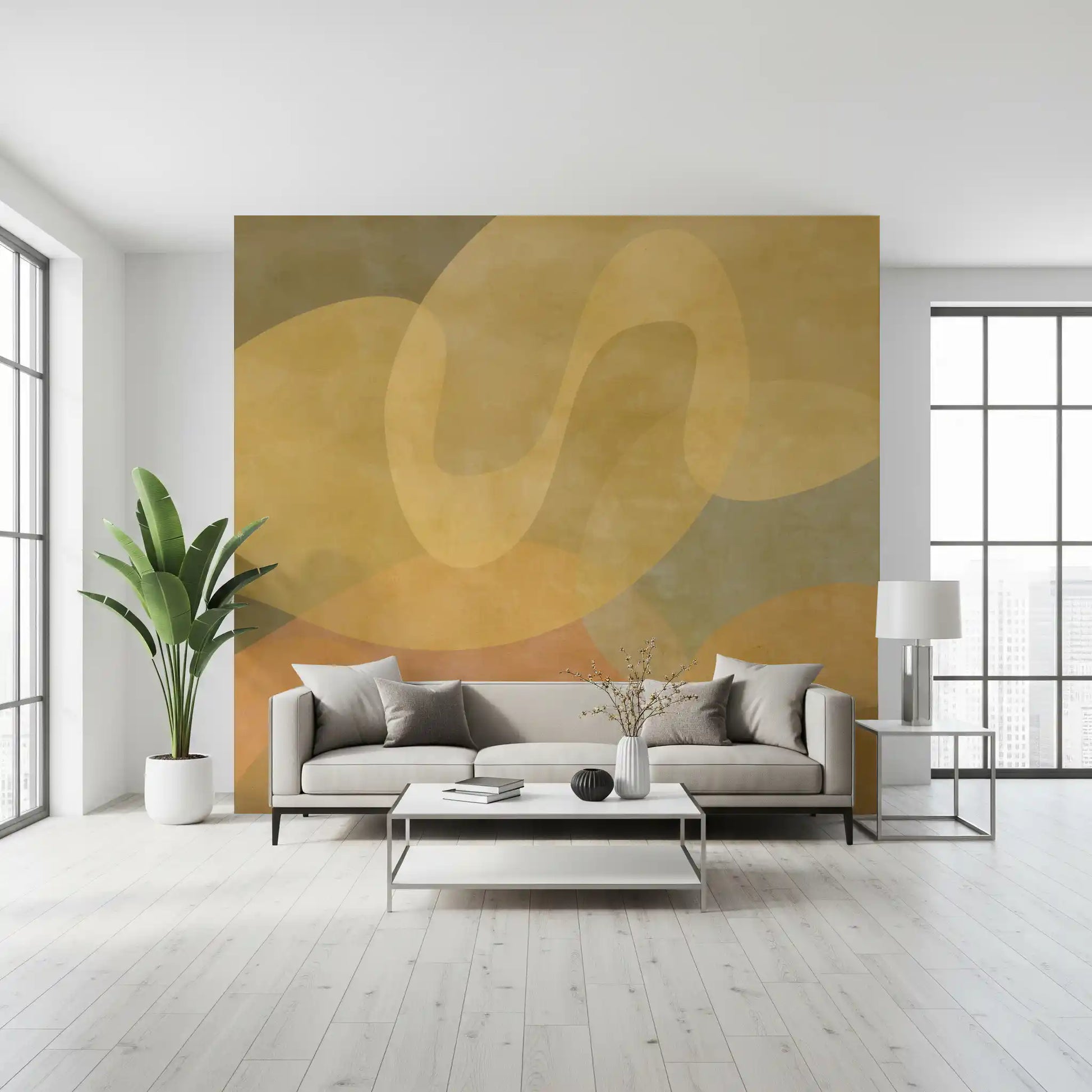 Golden Ochre Organic Flow wall mural with beige and ochre gradients