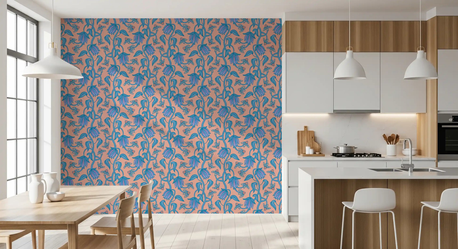Kitchen wall styled in Ophelia Boho Blossoms wallpaper soft color mix