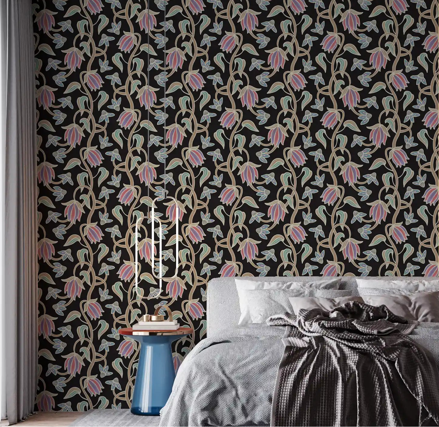 Bedroom styled with Ophelia Boho Blossoms wallpaper pastel floral contrast