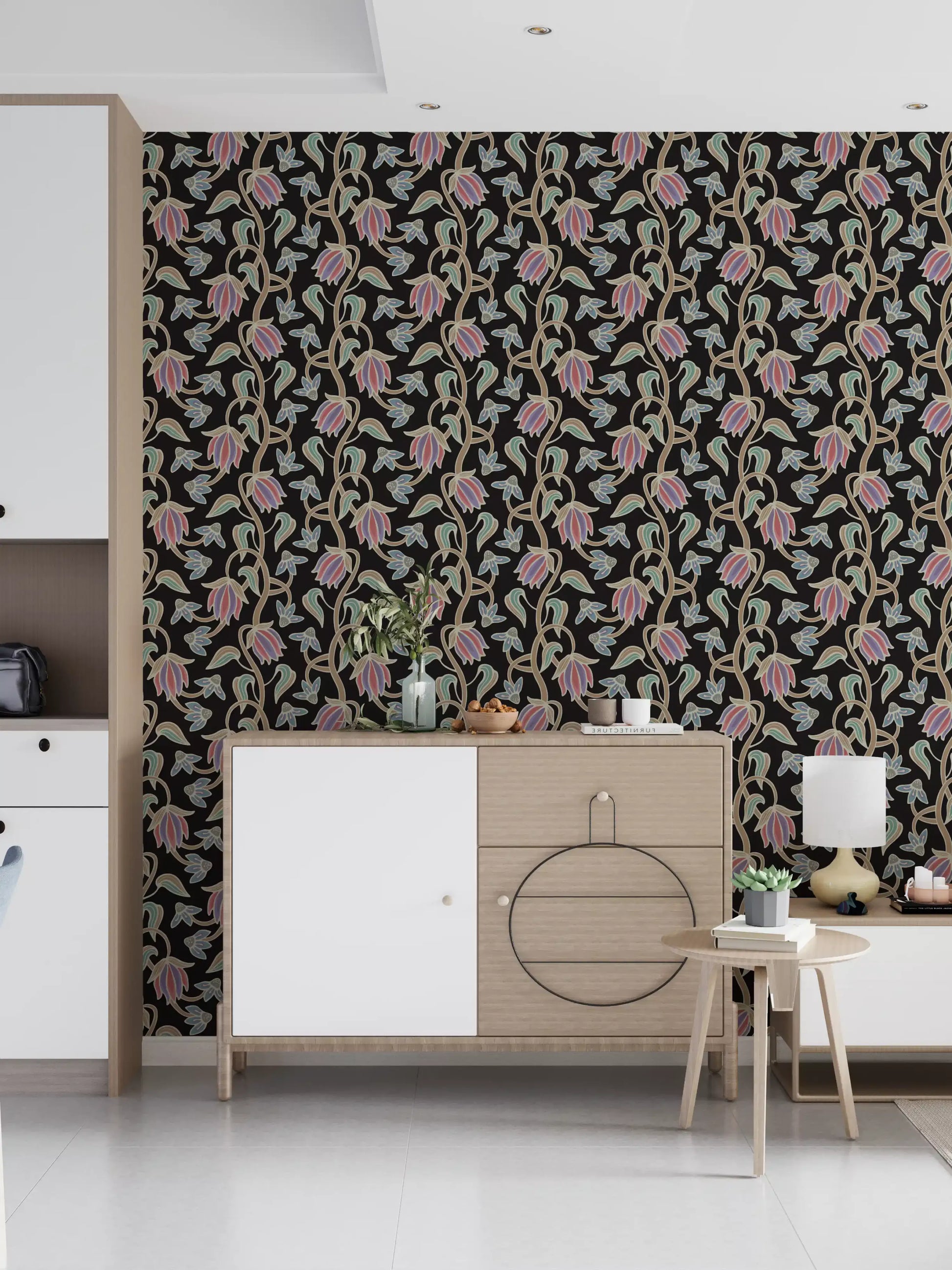 Ophelia Boho Blossoms wallpaper with layered pastel floral elements