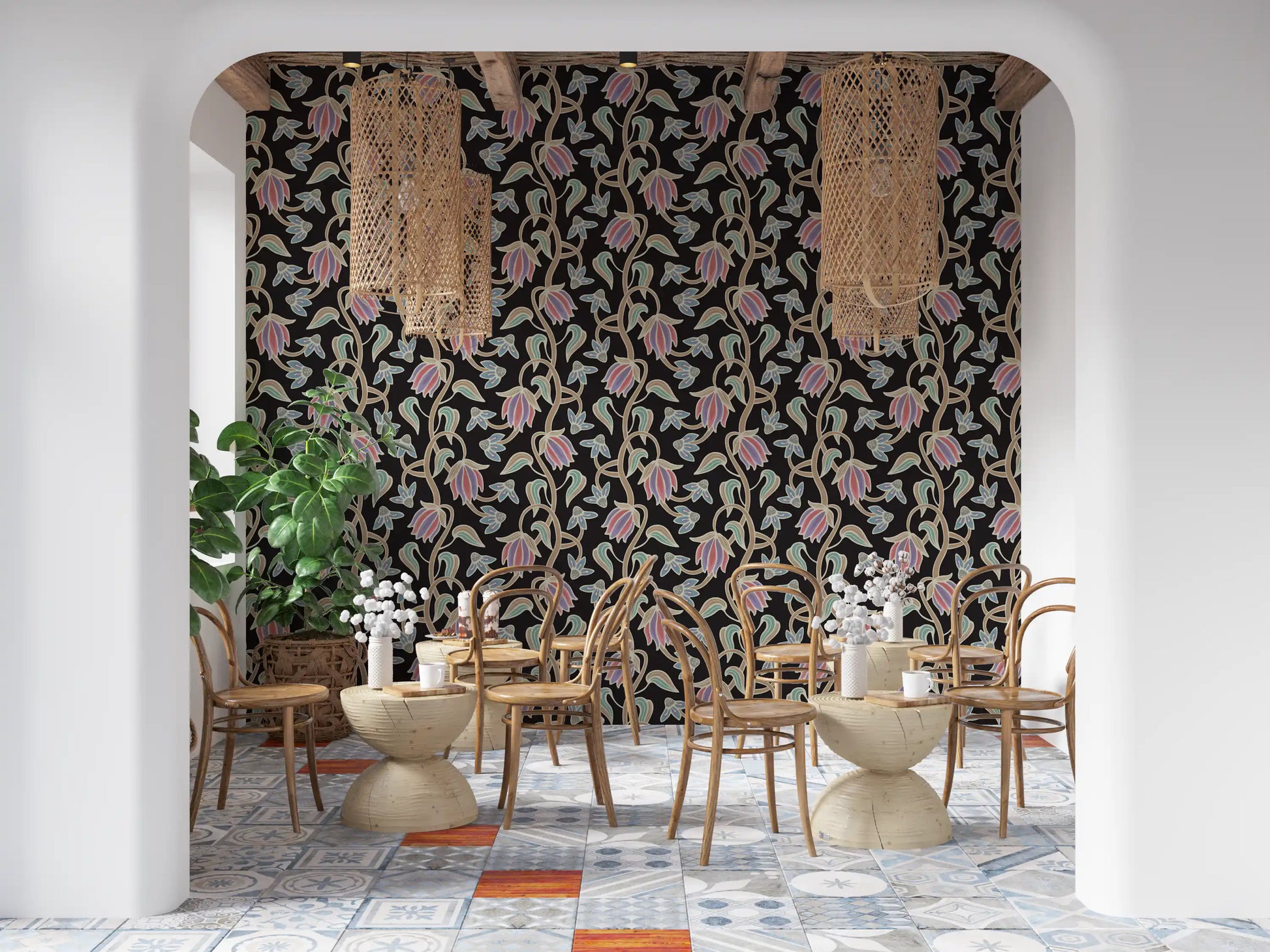 Cafe area setup featuring Ophelia Boho Blossoms wallpaper dark floral look
