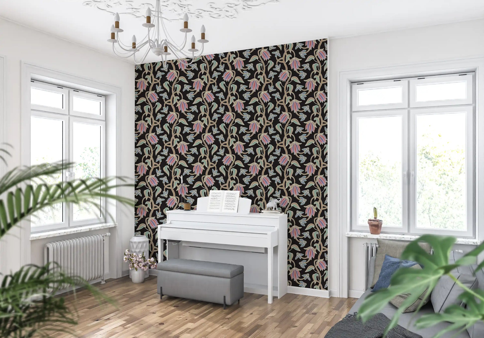 Decorative wallpaper with Ophelia Boho Blossoms muted color contrast